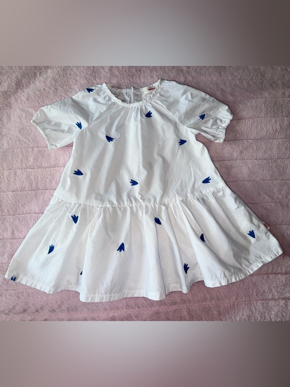 Catimini White Dress with Blue Embroidered Bird Motifs